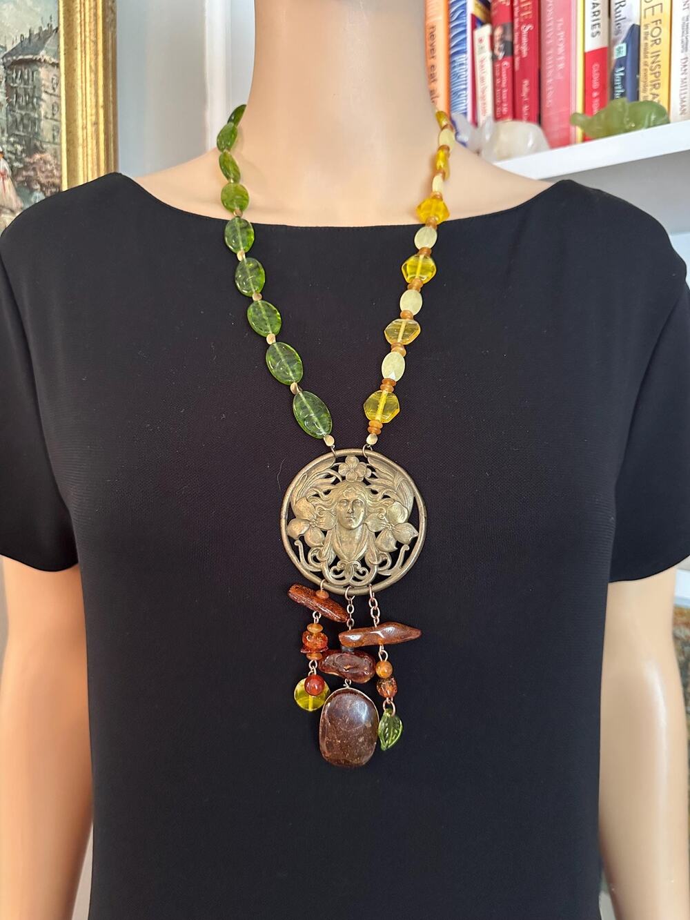 Art Nouveau Assemblage One of a Kind Statement necklace, Wearable Art by Raada